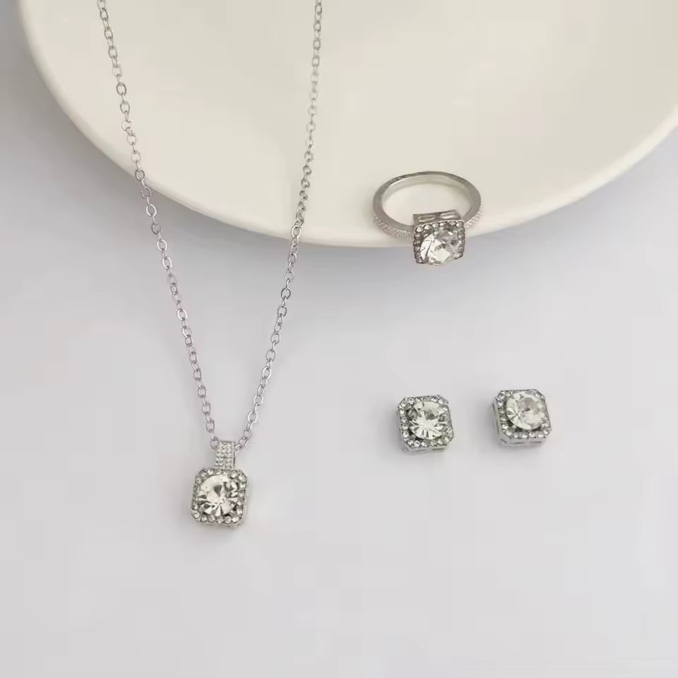 1PC Luxury Cube Jewelry Set, Women's Elegant Necklace, Earrings & Ring Set, Perfect Gift for Valentine's Day, Christmas Gift, Bi